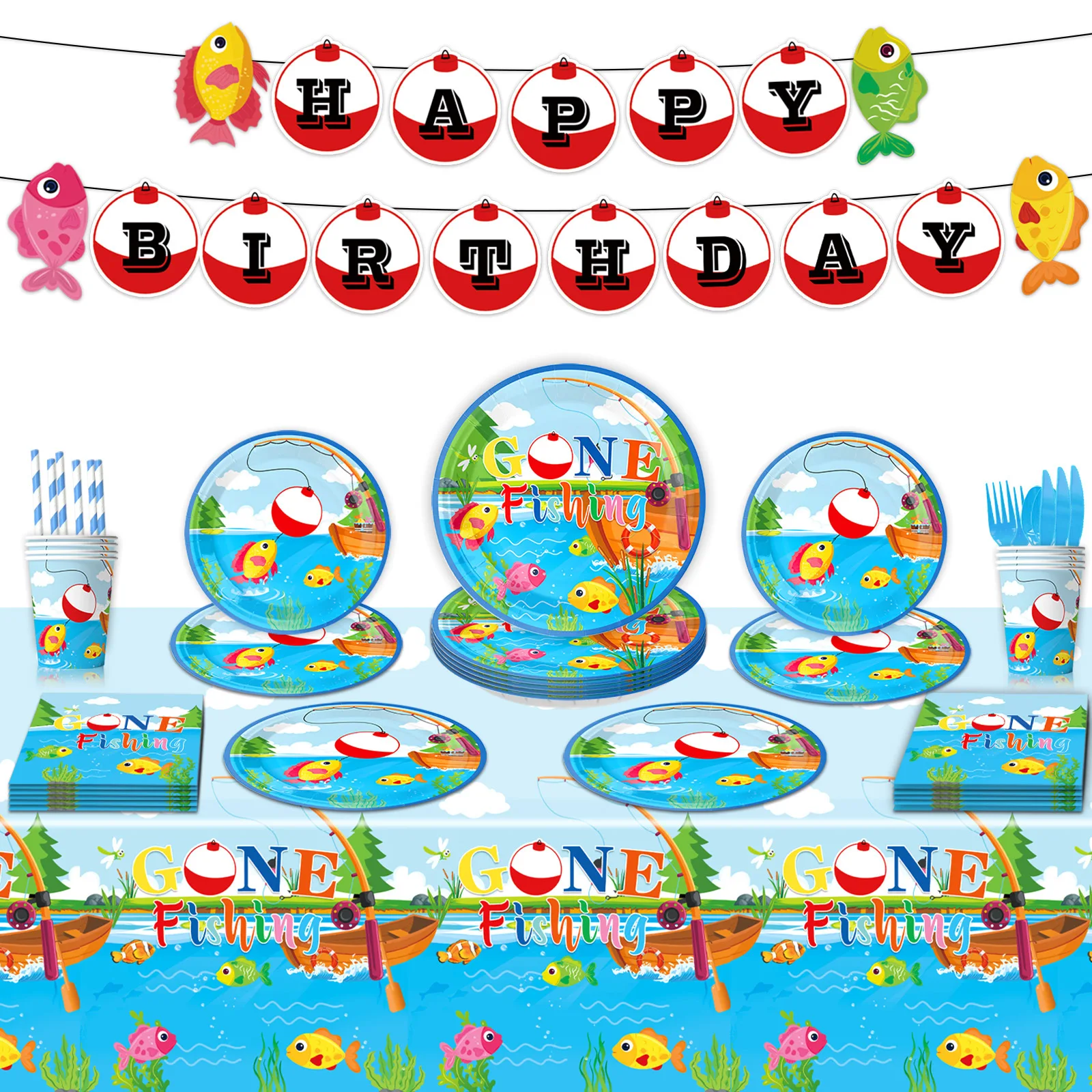 Cartoon Fishing Party Decoration, Children's Fisherman Birthday Party Decoration, Tableware, Paper Plates, Tissues, Tablecloths