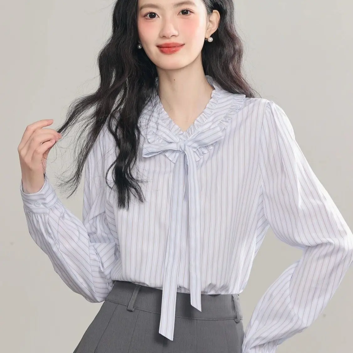 

Long Sleeve Shirts Womens Loose Fit Satin Tops Decorative Ruffles Buttoned Front Feminine Minimalist Preppy Style Autumn Casual