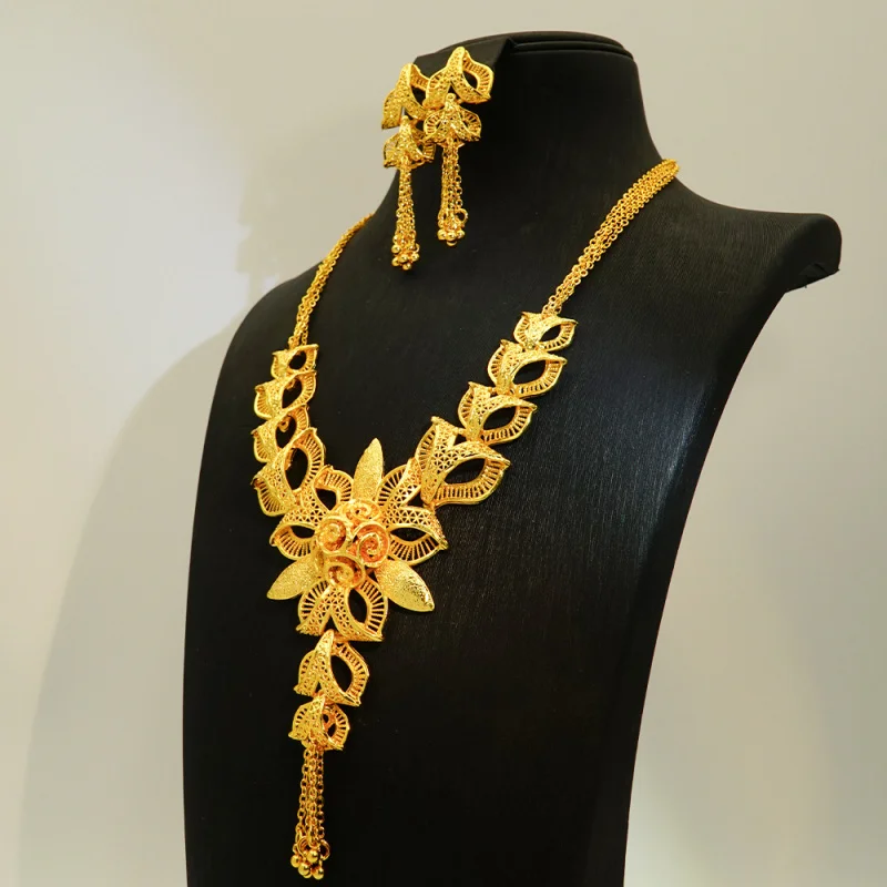 

New style floral24KGold Plated Women Bridal Necklace Earrings Ladies Jewelry Set