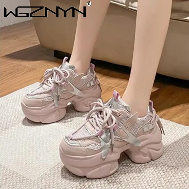 Moda damska wysoka platforma antypoślizgowe trampki jesienne buty wulkanizowane gruba podeszwa skórzane buty w stylu casual Chunky Dad sportowe