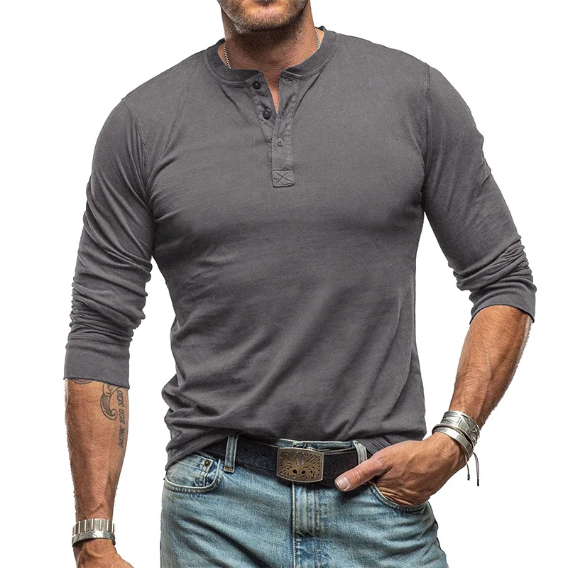

Men's Cotton T-shirts Autumn Winter Long Sleeve Henry Shirt for Men Retro Pure Color T-shirt