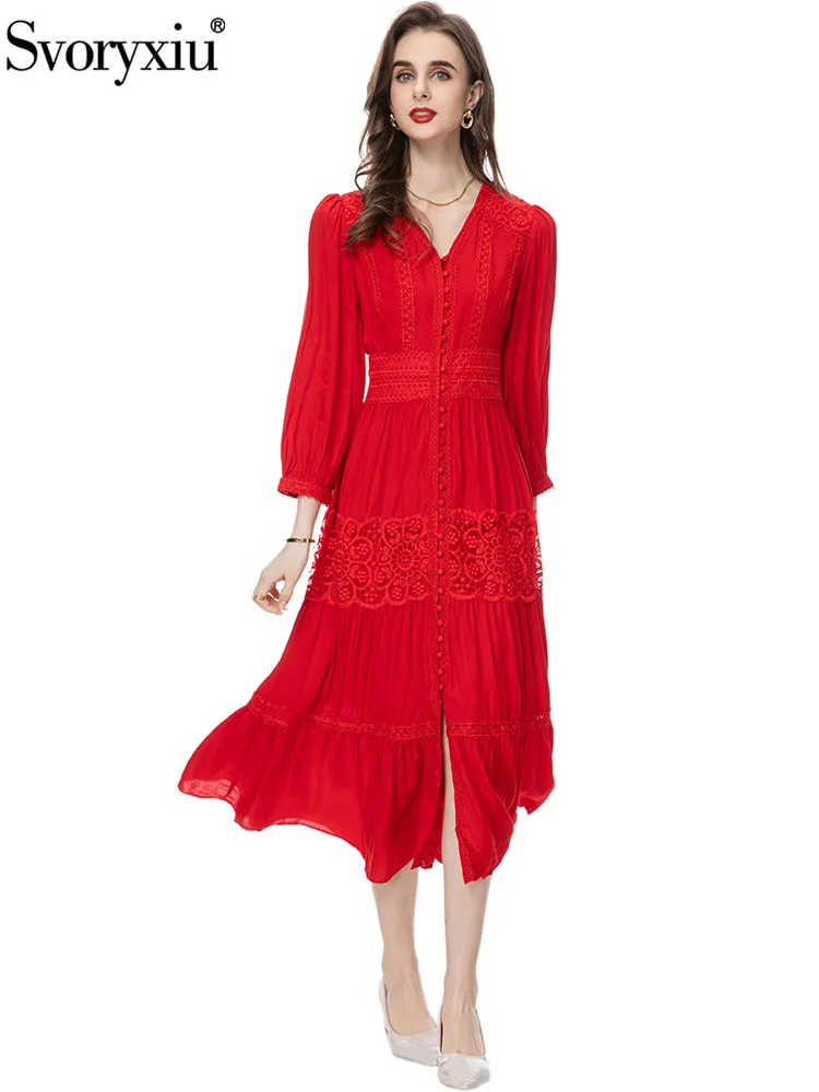 

Svoryxiu Fashion Runway Autumn Red Elegant Midi Dress Women's V-Neck Net Yarn Embroidery Lantern Sleeve Slim Big Swing Dress