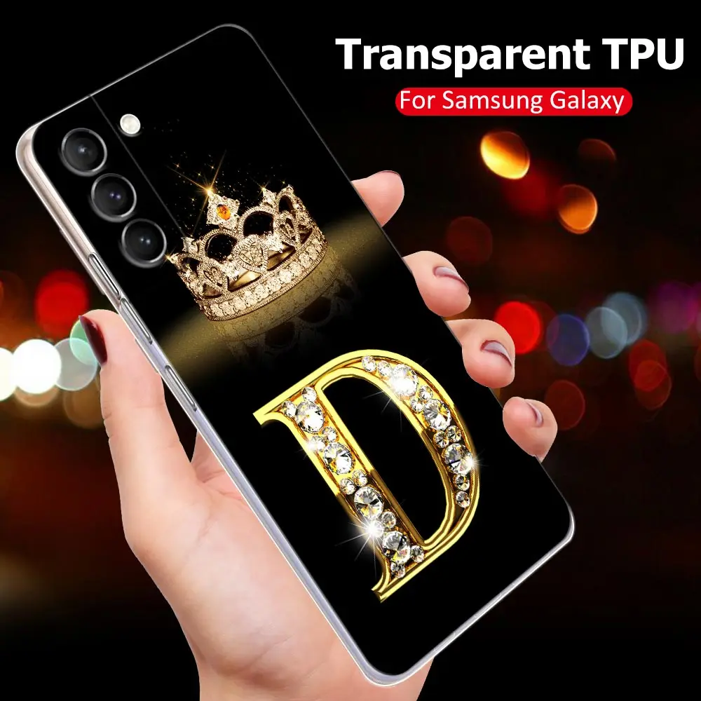 Golden Diamond Crown Initials Letter Clear Samsung S24Ultra Case For Galaxy S21 S20 FE S22 5G Ultra S24 S23 Plus Case Soft Cover