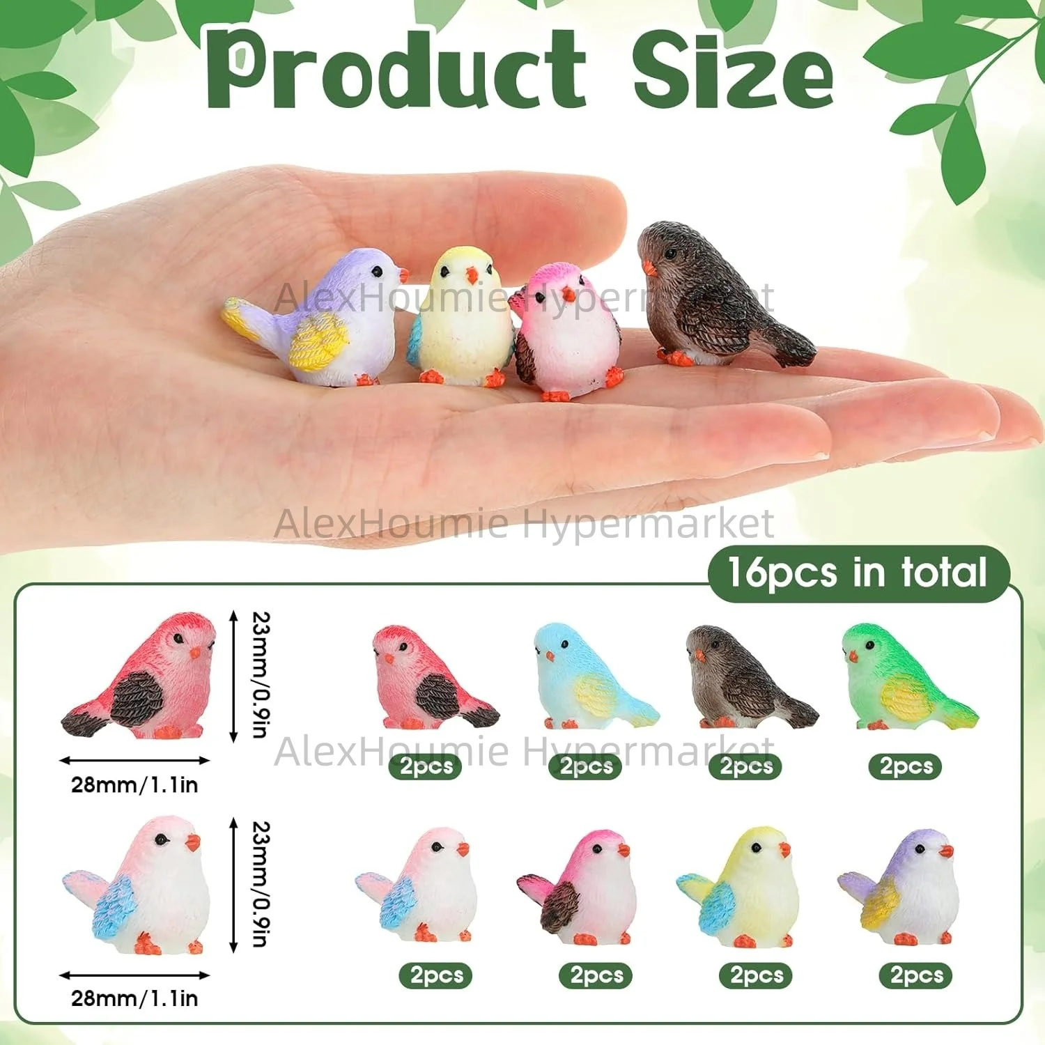 16PCS Miniature Bird Figurines Mini Resin Birds Decorative for Potted Plant Garden Decor Dollhouse Crafts Garden DIY Accessories