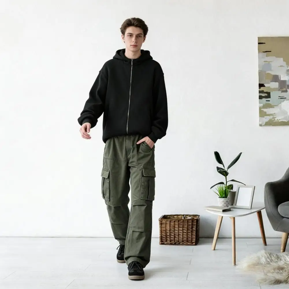 

Men Baggy Trousers Men's Retro Cargo Pants Multi-pocket Casual Trousers Loose Fit Wide Leg Baggy Pants for Travel Gym School