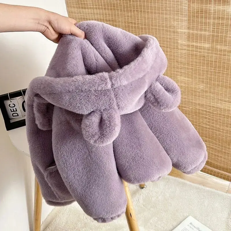 

Теплая куртка с капюшоном для девочек, зимняя детская плюшевая толстая куртка с милым кроликом, пальто 80-150 см