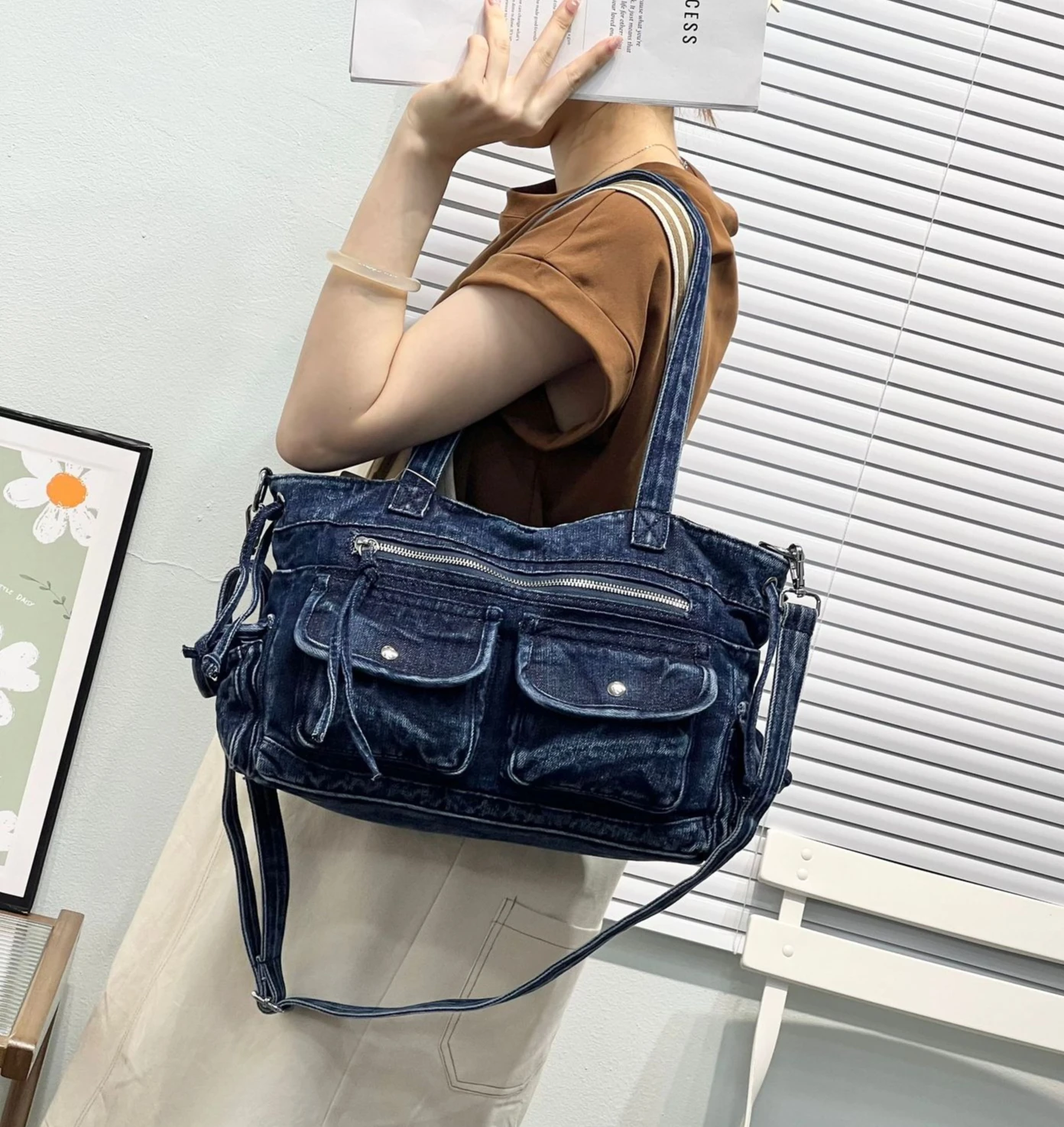 

Vintage Women Shoulder Bag Washed Denim Tote Handbag Female Crossbody Bags