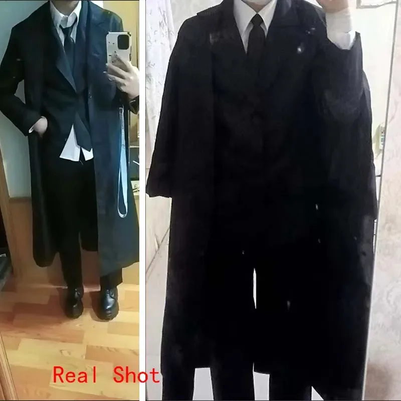 مجموعة كاملة من أزياء دازاي أوسامو التأثيرية زي المباحث أنيمي للرجال معطف خندق أسود لملابس الهالوين اليومية