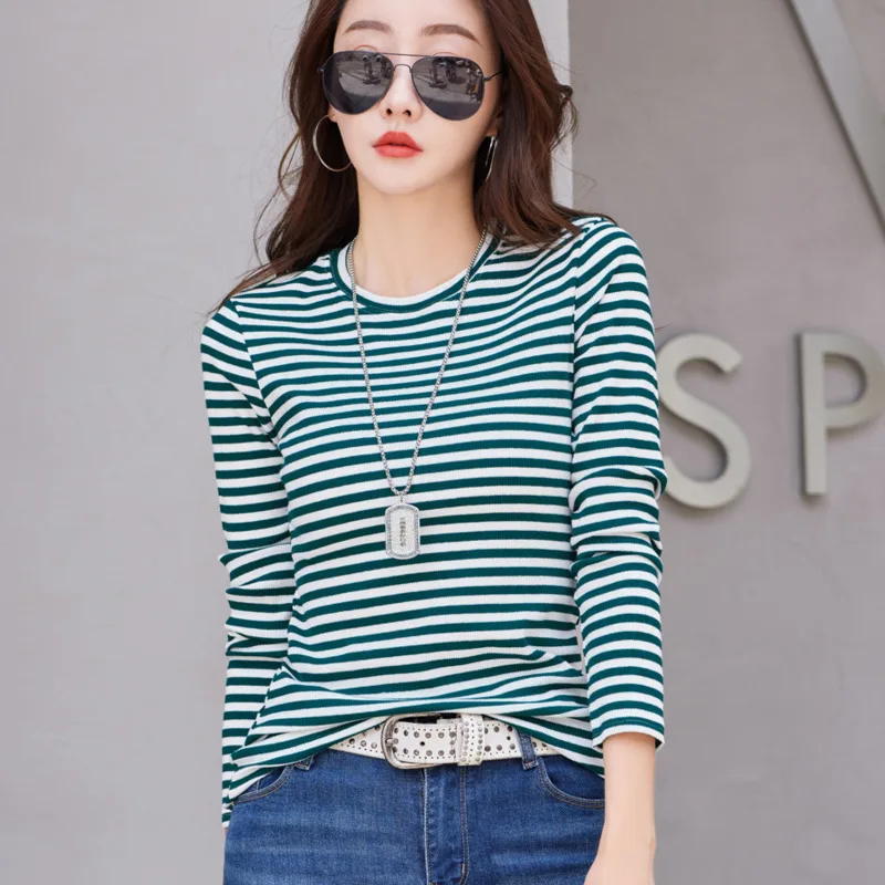 #0391 Spring Autumn Striped T Shirt Long Sleeve Slim Fit Cotton 95% Skinny Women\'s T-shirt Round Neck Office Tshirt Elegant