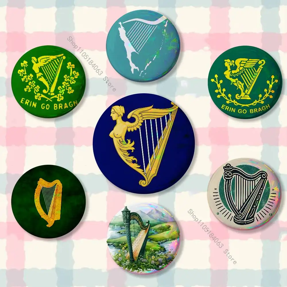 

Ireland Flag Irish Harp Erin Go Reflective Pin Tinplate Round Brooch Cartoon Cosplay Badges for Bag Hat Toys Gifts