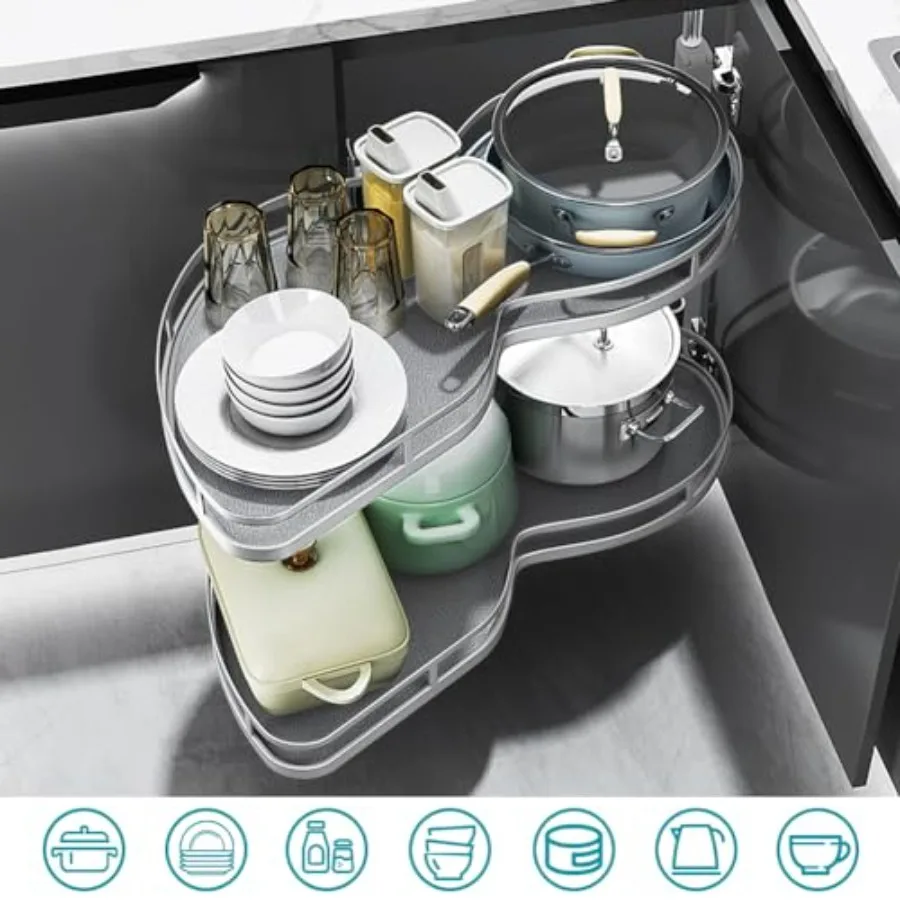 Blind Corner 2 Tier Adjustable Swing Pull Out Organizer With Strong Load Bearing Smoothly Rotation Maximizes Space Wide Usage F