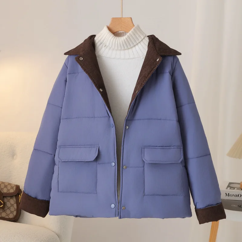 Plus Size Women Parka Winter Wear Loose Corduroy Splicing Chic cotton-padded Coat 6093