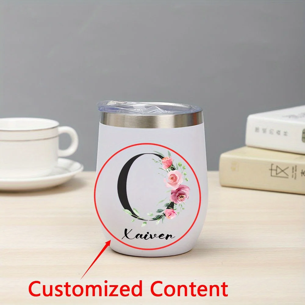 Custom Watercolor Floral Monogram Name Wine Tumbler,Stainless Steel Egg Shape Cup with Clear Lid,Travel Mug Gift for Women.