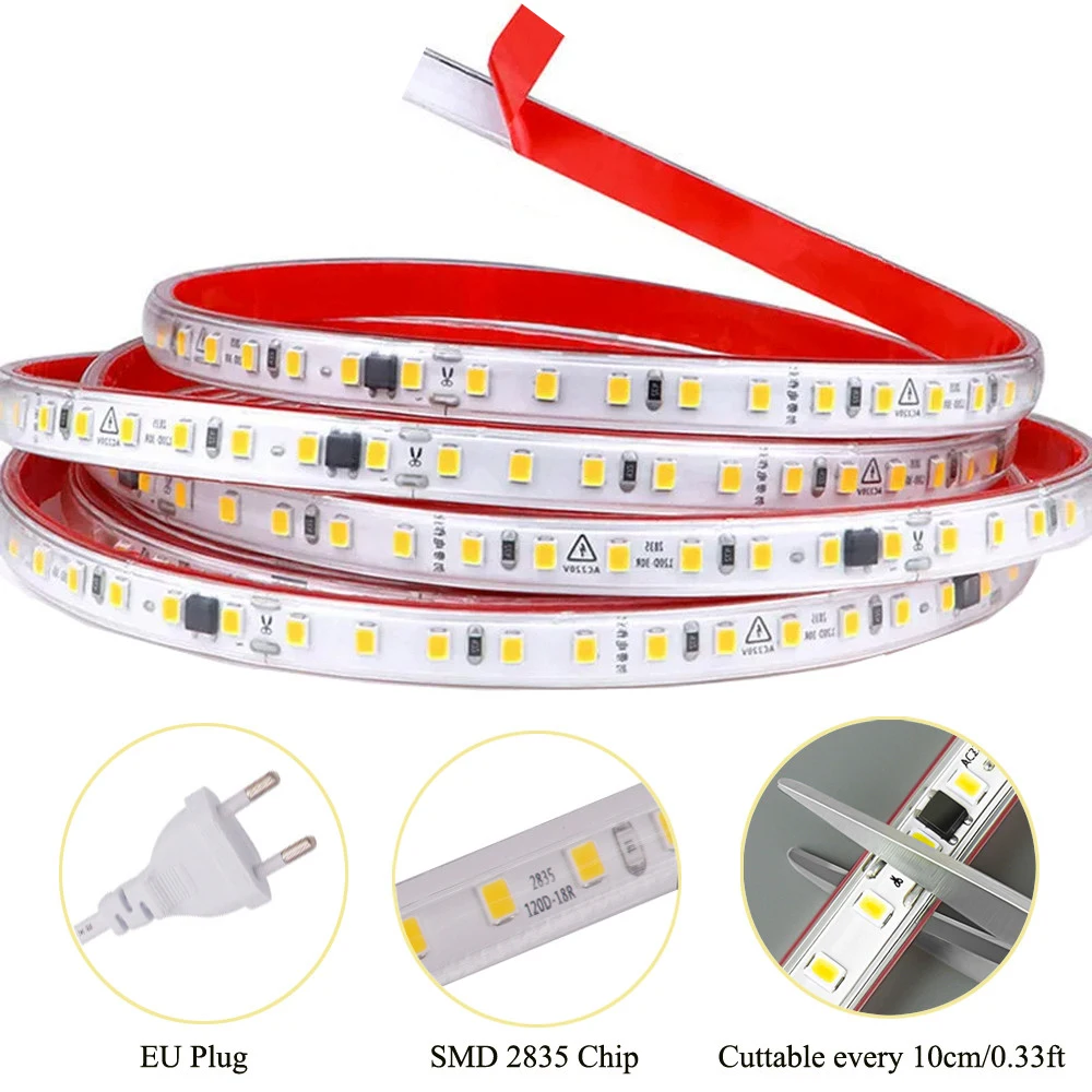 Ultra-thin Waterproof Led Strip Light 10cm Cut 220V 120LEDs/m Self-adhesive Linear Lighting Flexible LED Ribbon Cool&Warml White