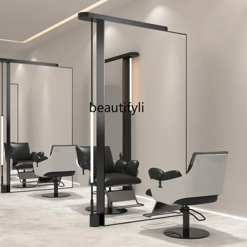 

ss newBarber Shop Dressing Table Cosmetology Shop for Hair Salon Double-Sided Floor Stainless Steel Mirror with Light