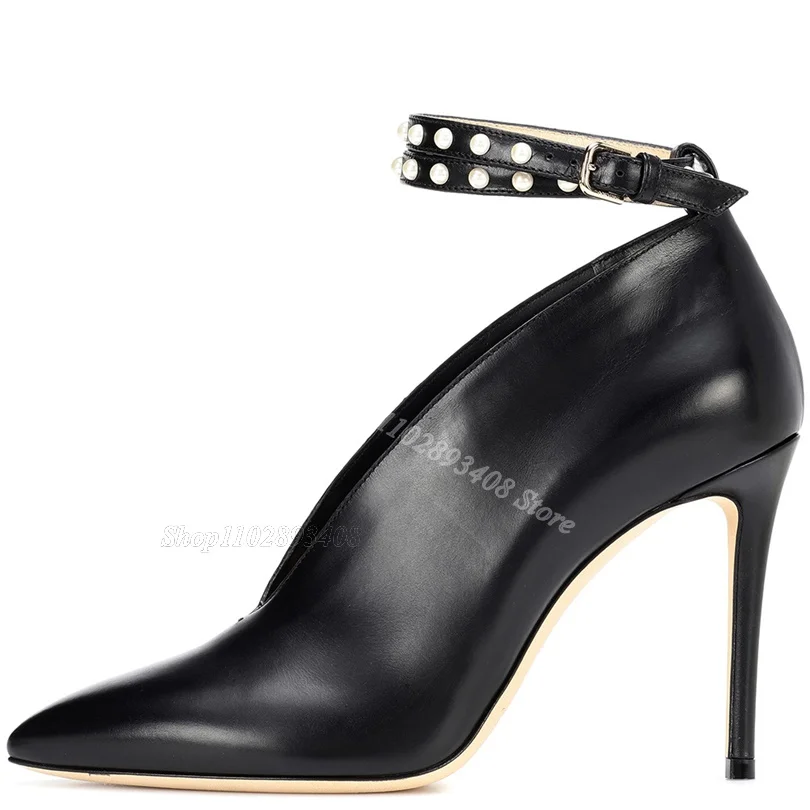 Black Leather Rivet Decor Pumps Ankle Buckle Pointed Toe British Style Spring Banquet Business Women Pumps Zapatos Para Mujere