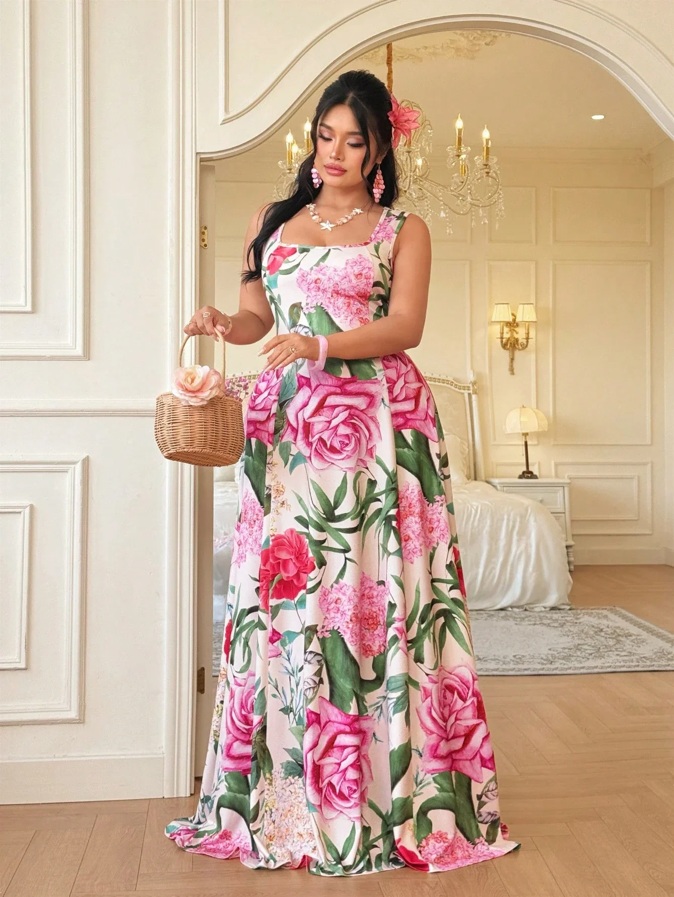 

Plus Size Floral Print Maxi Dress With Square Neckline And Wide Skirt For Summer Garden Parties And Resort Wear