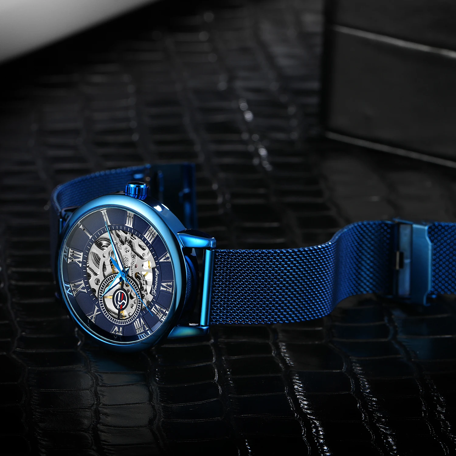 FORSINING новые брендовые мужские часы с гравировкой, деловые механические наручные часы со скелетом, светящиеся римские цифры, сетчатый ремешок, стильные часы