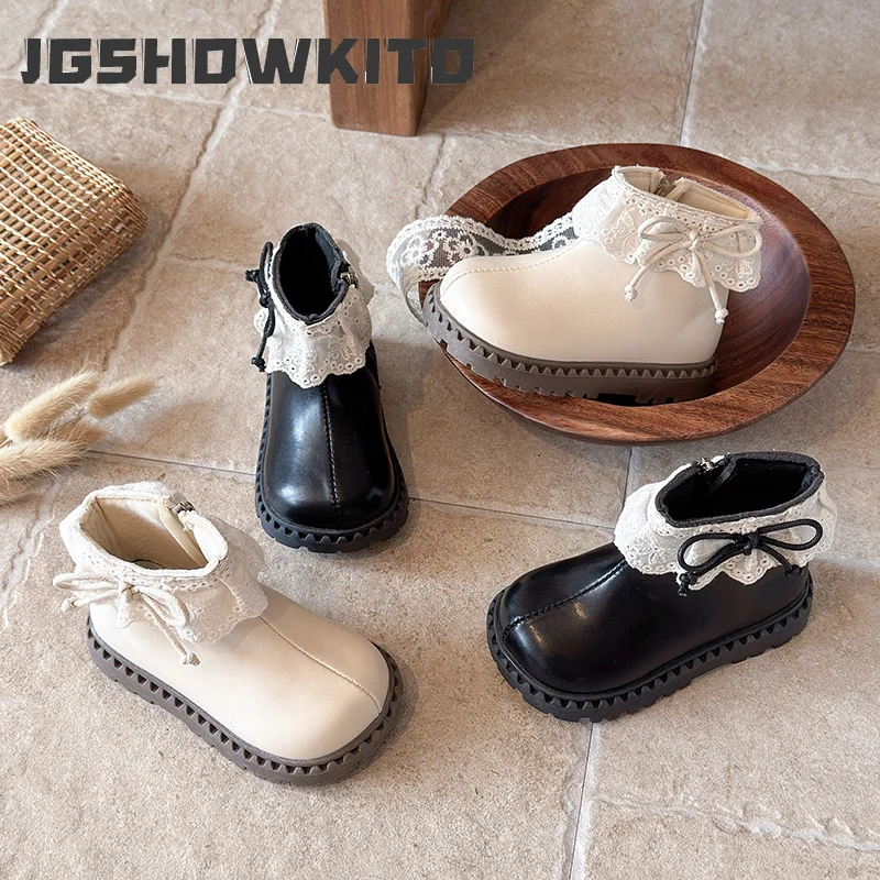JGSHOWKITO Kids Fashion Dress Boots with Bowknot Elegant Little Girls Ankle Boots Sweet Lace Wedding Party Children Short Boots