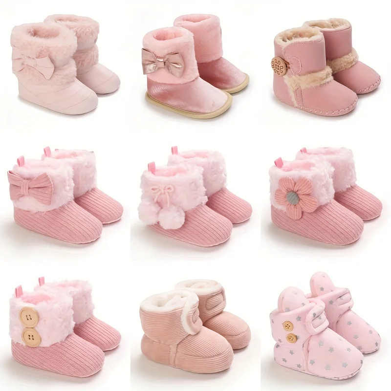 Baby Autumn/Winter Pink Snow Boots 0-18M Girl Baby Warm Cotton Shoes Solid Color First Walking Shoes Children\'s Shoes