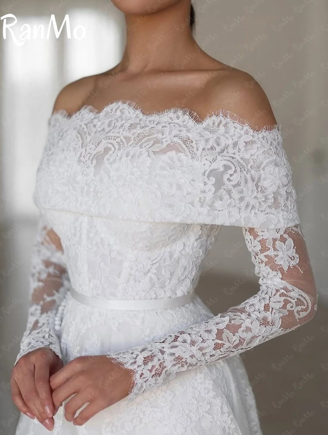 Ranmo Exquisite A-line Wedding Dress luxury Off Shoulder Bridal Gown Lace Long Sleeve Customized Vestidos De Novia Sweep Train