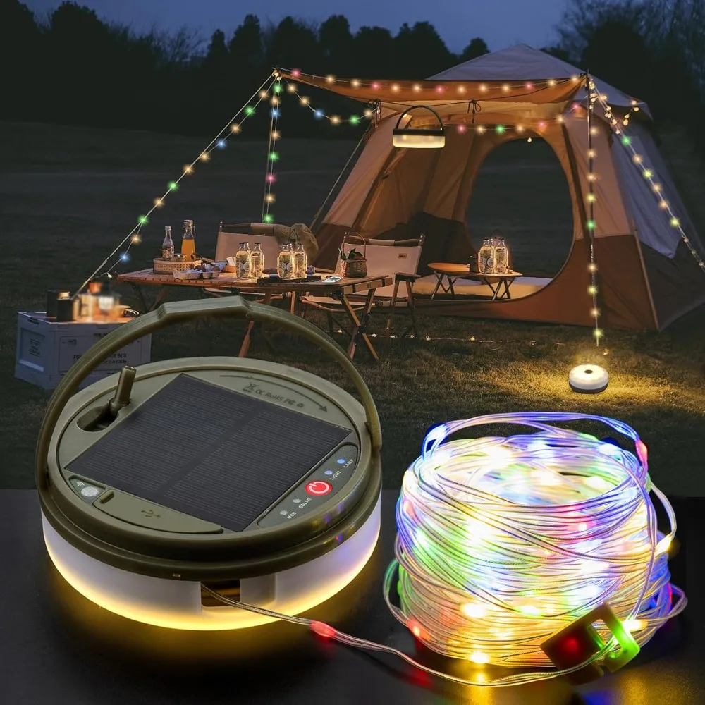 

Solar Camping String Lights, 4 in 1 Camping String Lights Outdoor(39.4ft) with 8 Lighting Modes, Solar Powered and USB Rechargea