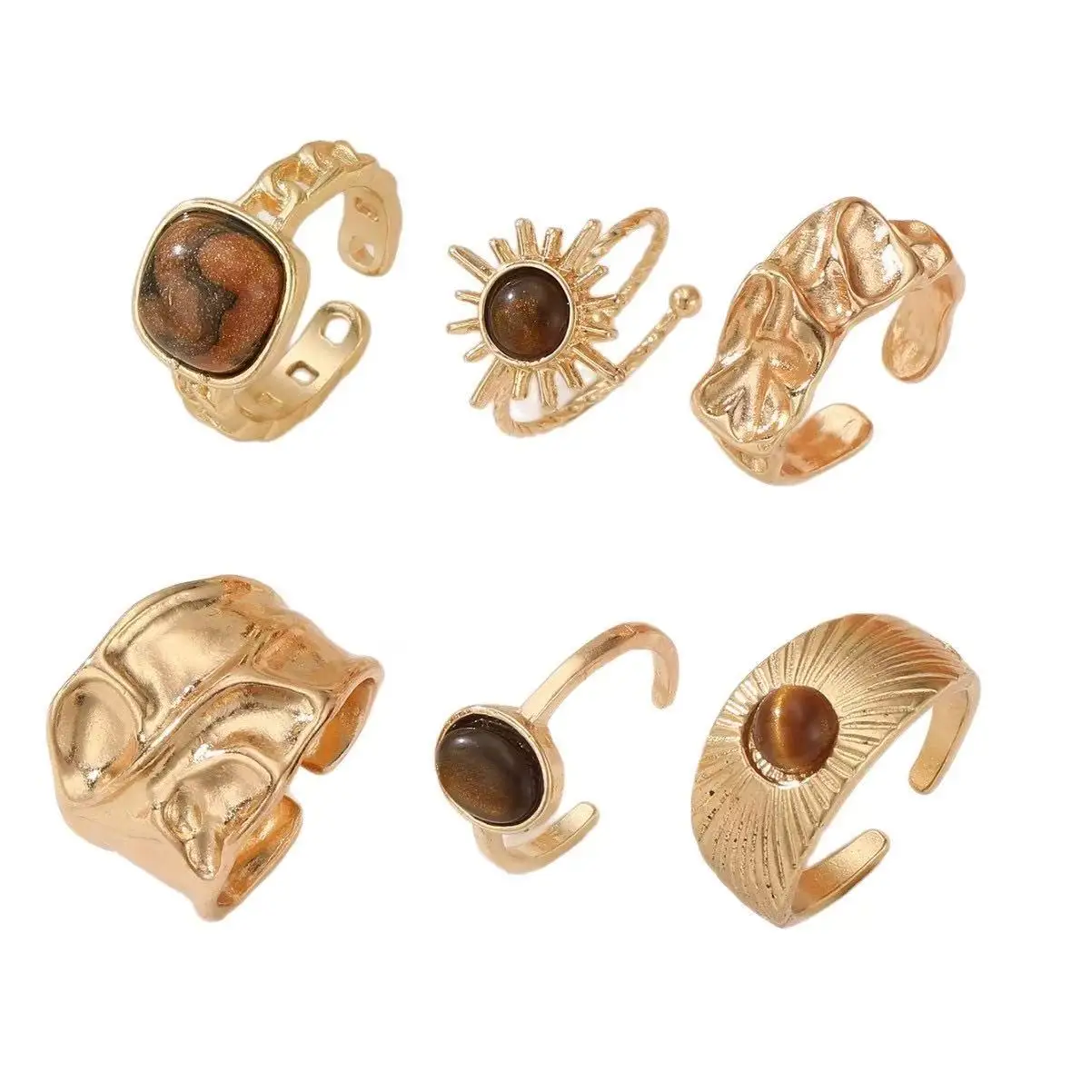 6pcs Sunflower Tiger Eye Stone Ring Set for Women Vintage Irregular Gold Color Aesthetic Open Rings Fashion Party Jewelry Gifts - view 6