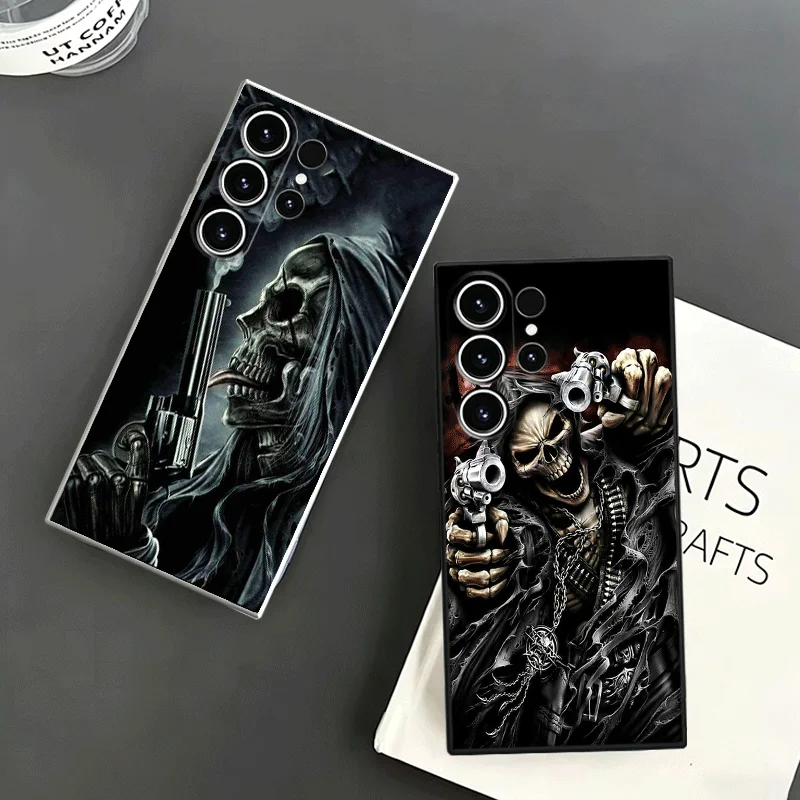 Reaper Skull Skeleton Gun Soft Phone Case For Samsung S24 S25 S26 Ultra S23 S22 Plus S21 S20 FE Edge + Black White Couple Cover