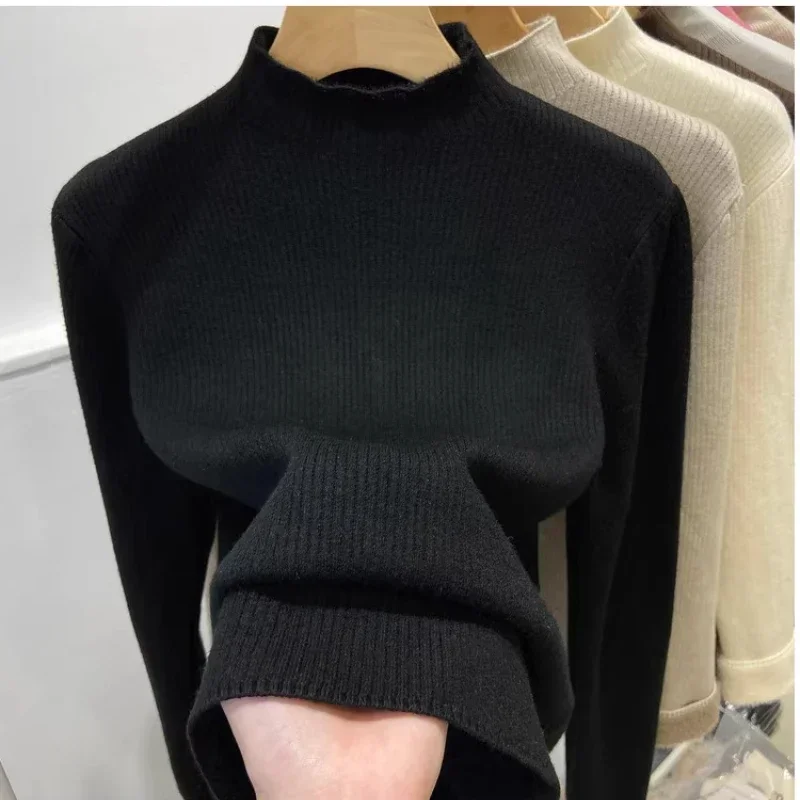 Winter Fleece-lined Thickened Knitting Bottoming Shirt Women\'s Half Turtleneck Pullover Thermal Clothes Solid Color