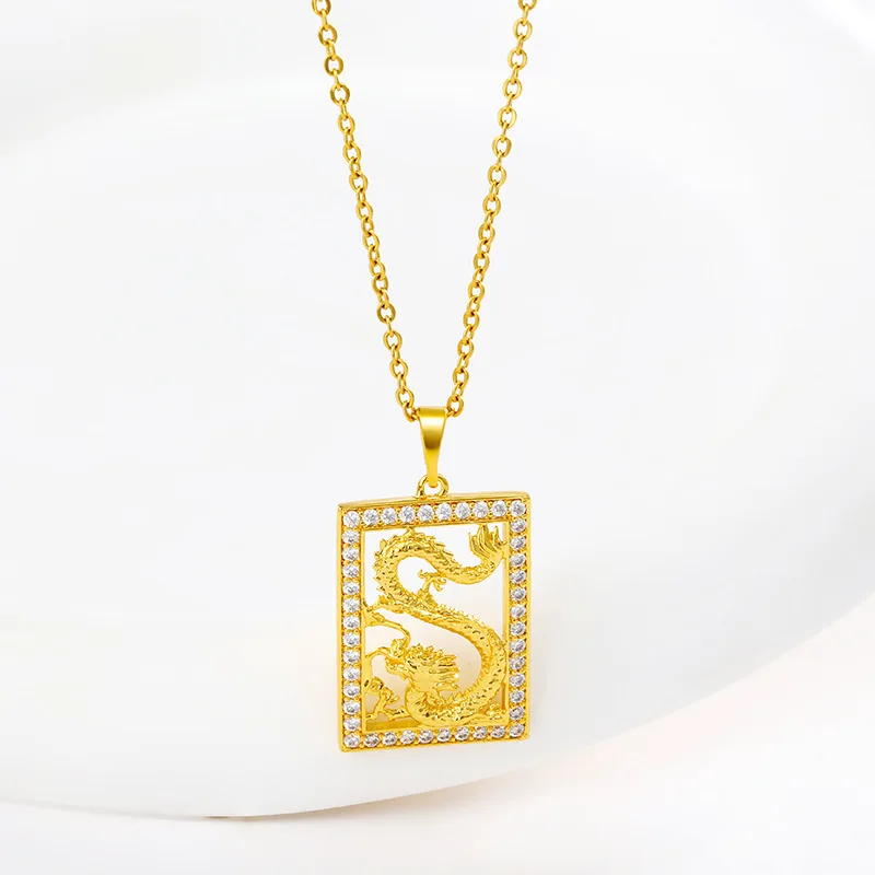 

Luxury 24K 9999 Pure Gold real gold Men's Square Dragon Hollow Pendant Necklace with Moissanite