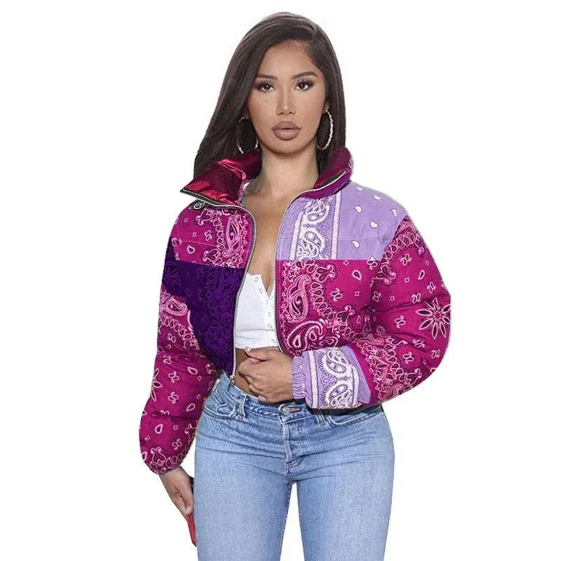 Women Winter Fashion Warm Parkas Casual Zipper Up Puffer Outerwear Bandana Coats Floral Printed Bubble Jackets for Female 2021