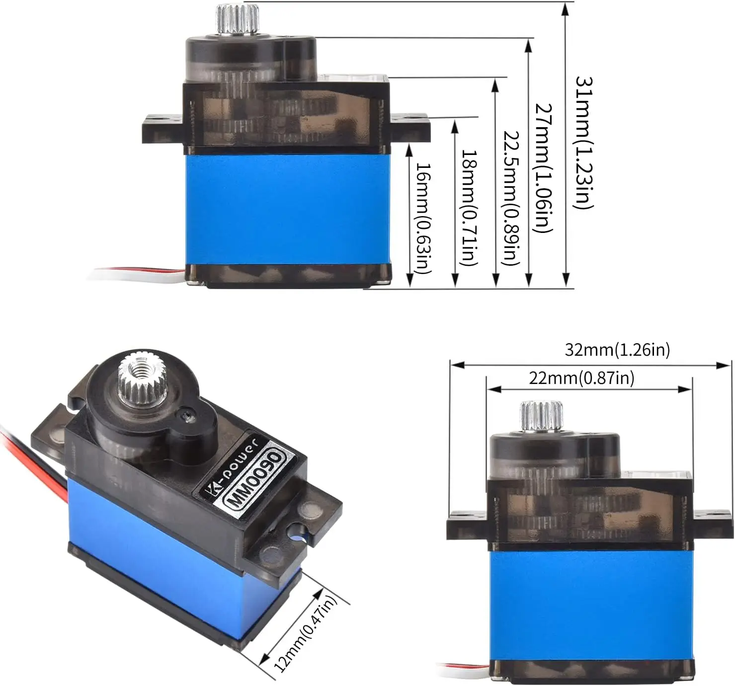 3 pz K-power MM0090 9g Micro Servo Impermeabile, 1.9KG Coppia Metal Gear Motore Analogico per RC Auto Robot Elicottero Aereo