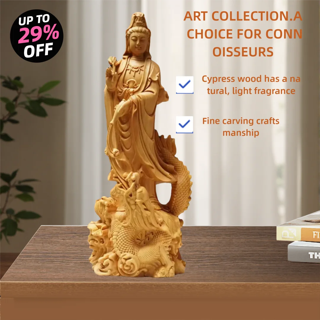 Estatua de Buda Guanyin de dragón de madera Natural, figuras budistas chinas talladas a mano tradicionales, sala de estar del hogar, estatua Feng