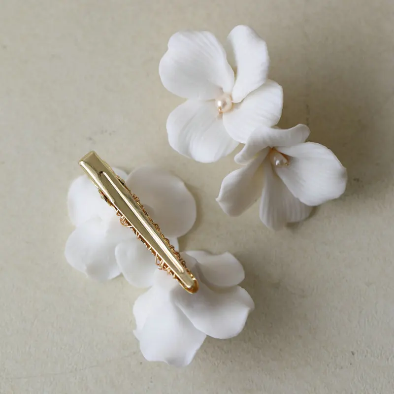 Handmade Simple Ceramic White Color Flower Bridal Small Hairpin Women Hair Clip Headpiece Wedding Accessories