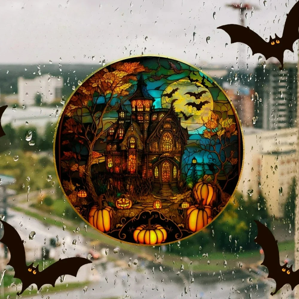 Eerie Creepy Castle Pumpkin Window Stickers Static Cling Glass Decals Removable Halloween Decoration for Indoor Outdoor Party