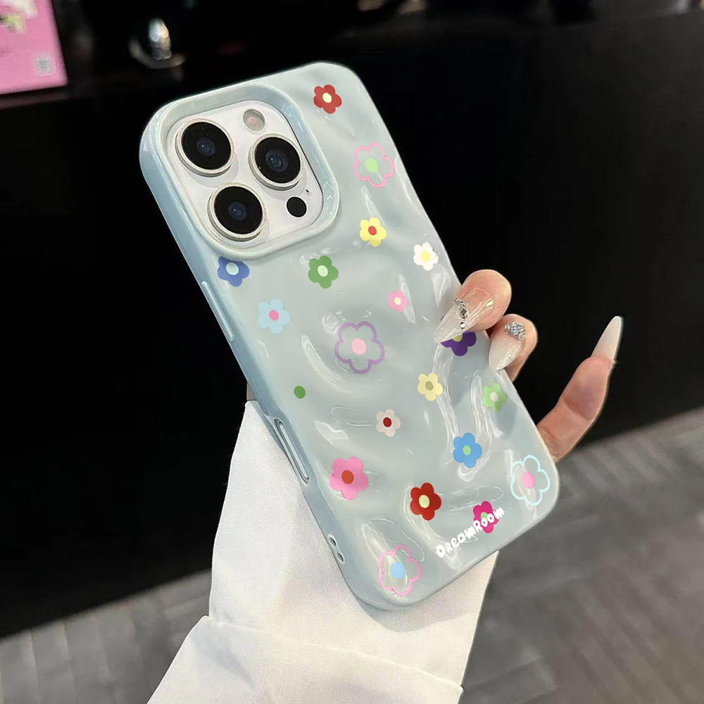 Minimalistisches Blumenmuster Koreanische Handyhülle für iPhone 17 16 15 14 13 12 11 Pro Max 14 15 Plus 17 Air Falten-Wellen Weiche Silikonhülle – Detail 2