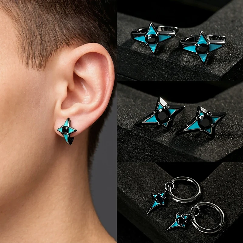 Shining Star Earrings for Men Trendy Individual and Cool Four-Pointed Star Studs with Creative Design Earrings KOFSAC