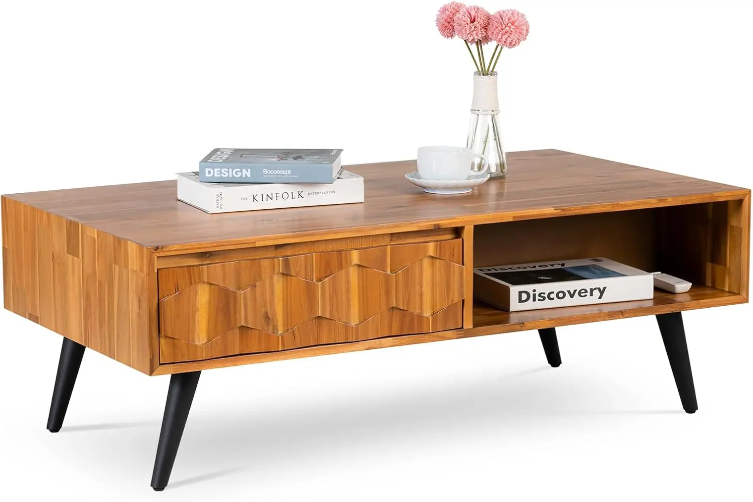 Coffee Table Mid Century Modern with 2 Symmetrical Storage Drawers & Geometric Details, Fully Assembled Center Table, Teak Brown