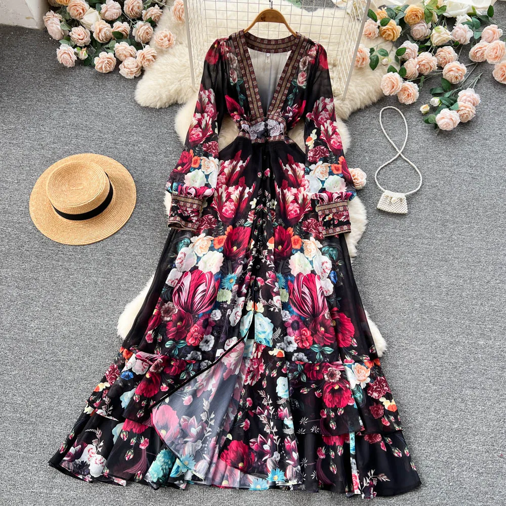 Women Deep V-Neck Bohemian Style Dress Spring Summer Runway Long Sleeve Casual Floral Print Ruffles Sweet Cascading Vestidos