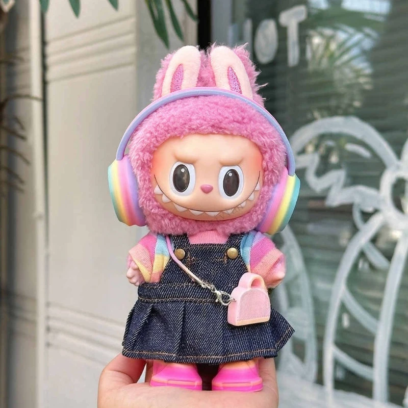 Denim Strap Skirt Baseball Cap for Labubu Big Into Energe Doll T-Shirt Skirt Clothes for V1/V2/V3 Doll Outfit Accessories Gift