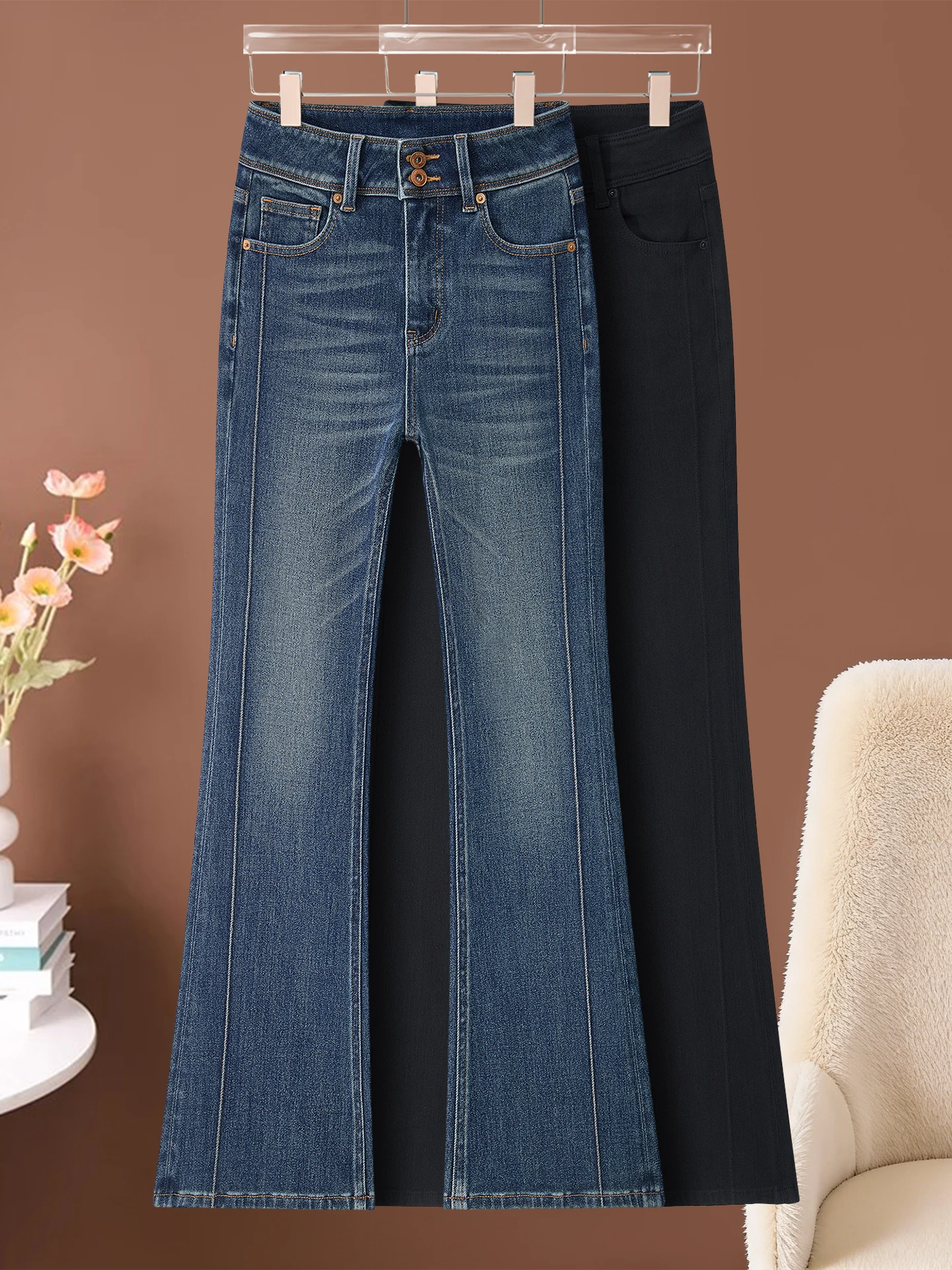 

High Waist Fleece Lined Flare Jeans Women's Spring Autumn Winter New Style Slimming Nine Point Flare Pants Korean Style Commute