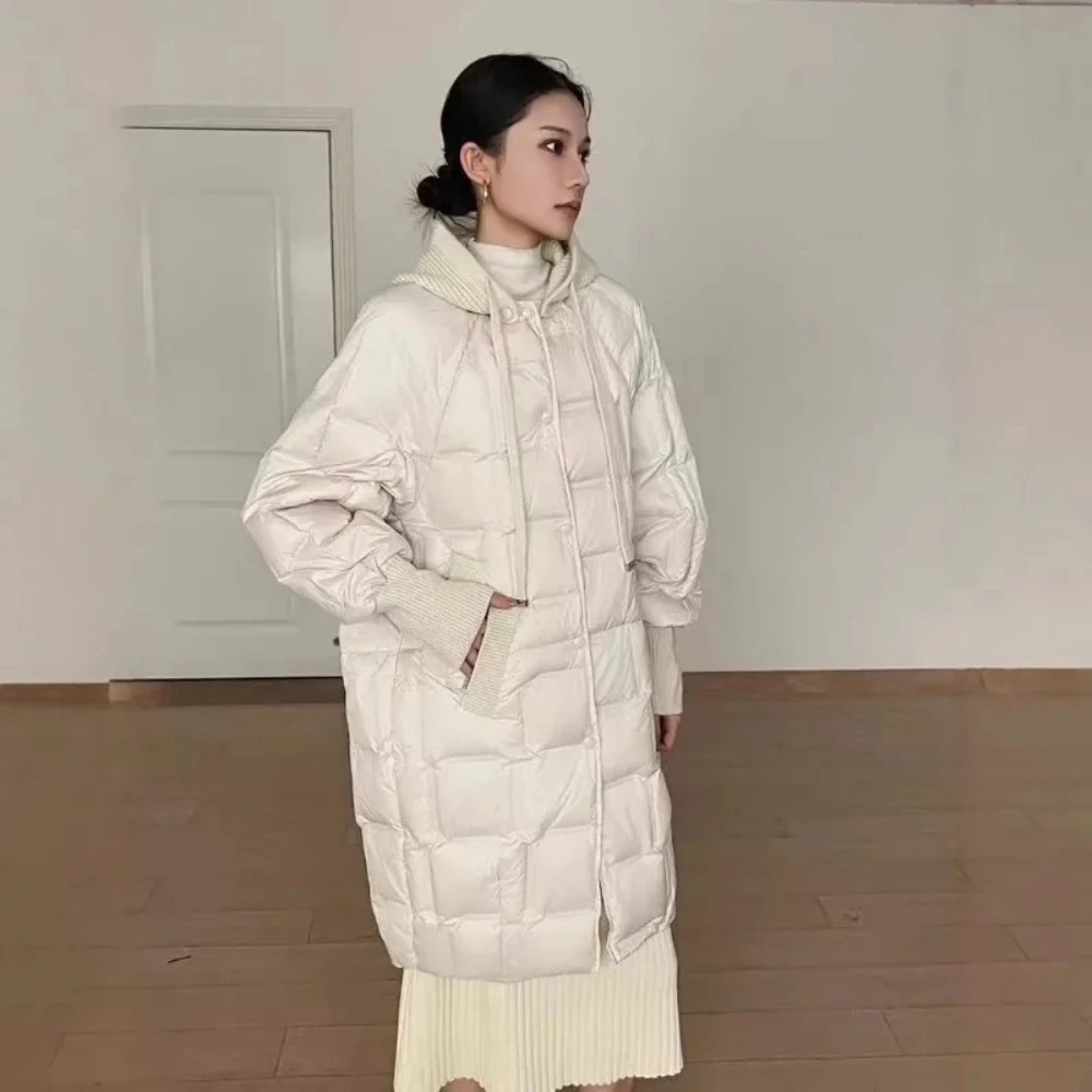 Women's 2025 Autumn Winter Mid-Length Down Jacket New Fashion Warm Knitted Hat White Duck Down Coat Winter Female Cold Jacket