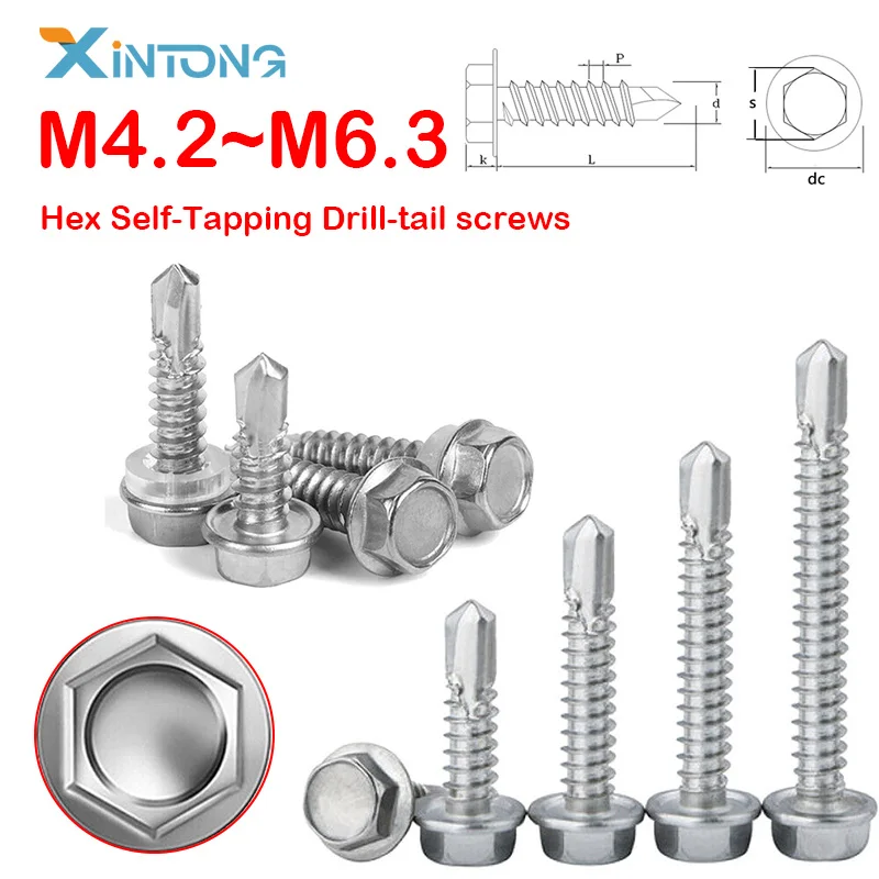 M4.2 M4.8 M5.2 M6.3 410 Stainless Steel Hex Washer Head Self-drilling/Tapping Roofing Screws Length16mm-125mm