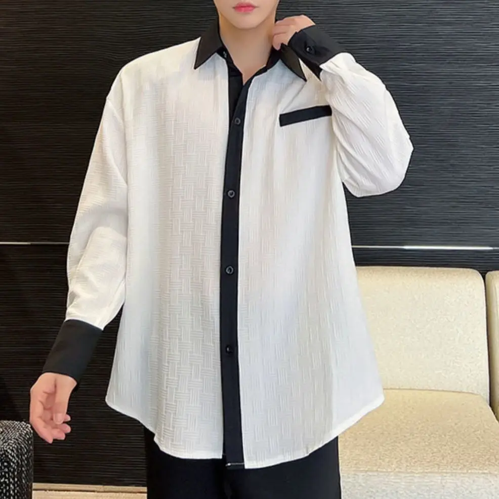 Black and White Color-blocked Shirt Men's Trendy Temperament High-end Relaxed Casual Long-sleeved Shirt