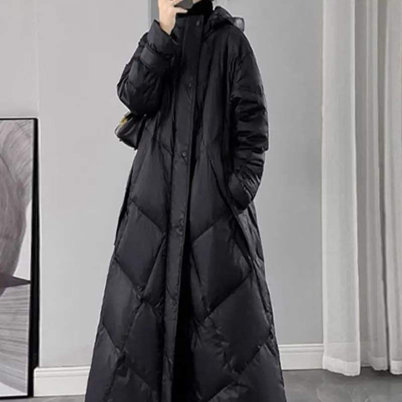 2025 New Down Cotton Jacket Large Size Women's Winter Long Loose Knee Over Thick Cotton Padded Coat Trendy Black Parka Snow Wear