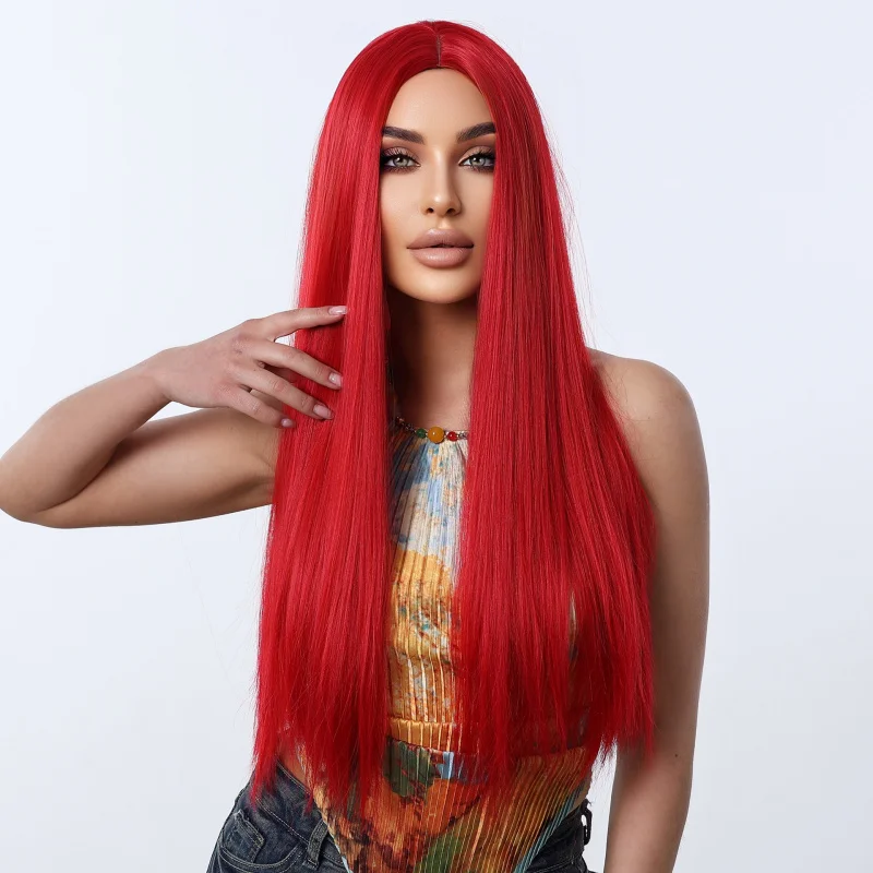 

Women's Flame Red Long Straight with Middle Parting, Daily Wear Full Hair Style High-Temperature Fiber Wig