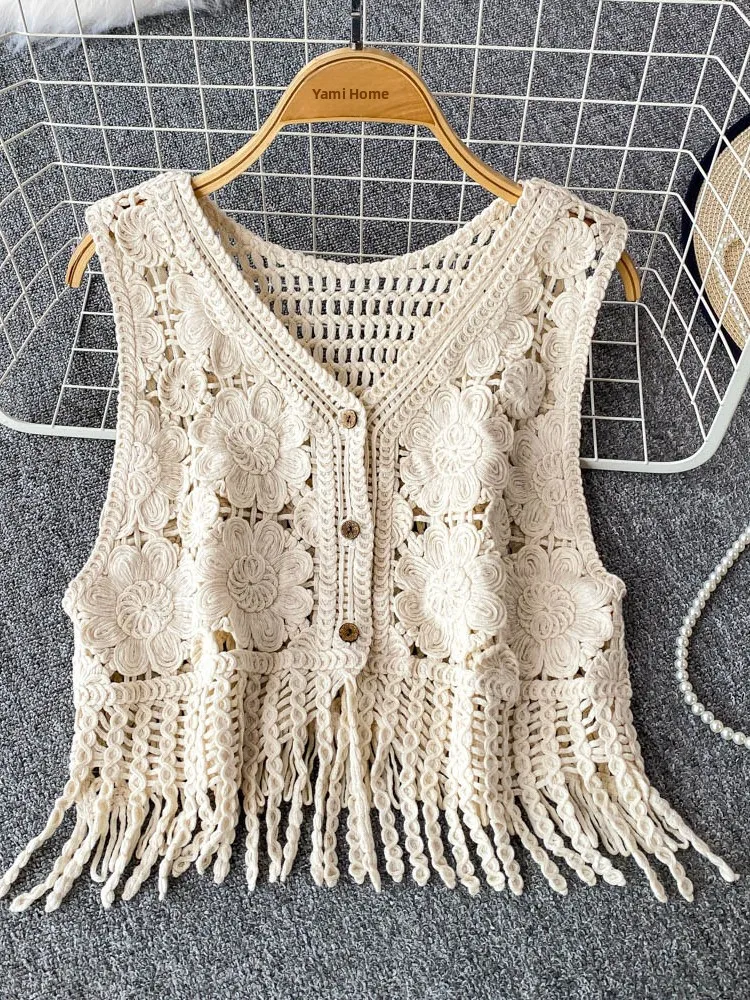 

European Sle Heavy Embroidery Hollow V-ne Svel Knitted Top Women Summer Design Tassel Loose Slim ort Jaet