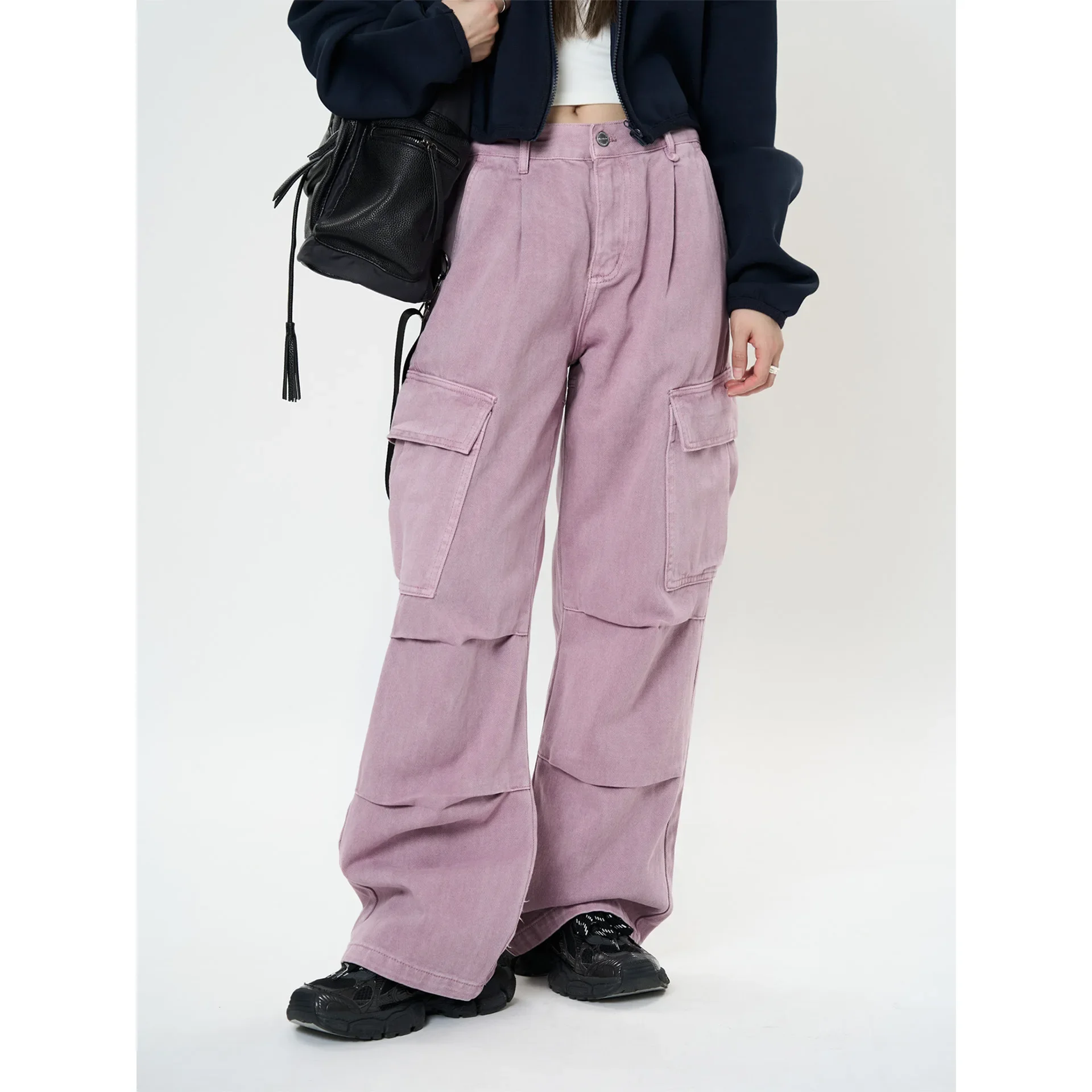 

LangMao Spring Pink Cargo Pants Large Pocket Jeans Wide Leg Paratroopers Pants