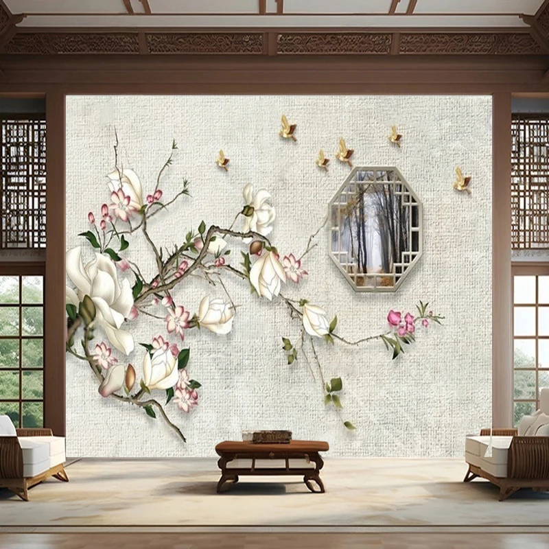 Modern Minimalist Wall Painting With A Background Of A Plum Tree Featuring Embossed Texture Of Window Frames And A Forest Scene