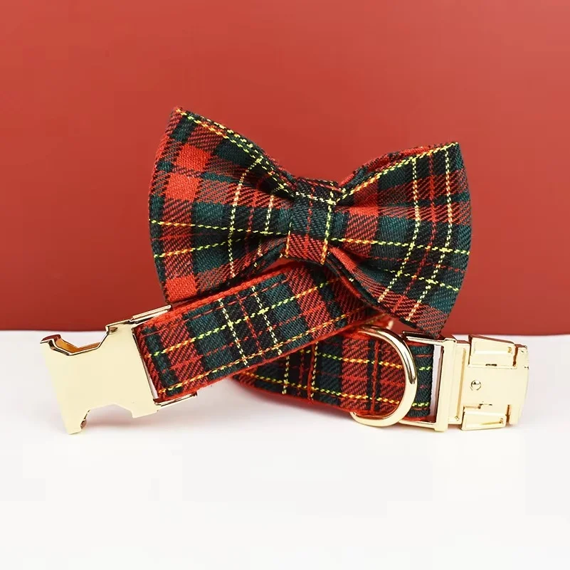 Christmas Dog Collar Red Lattice Soft Cotton with Matching Leash Luxury Pet Harness Set for Dogs